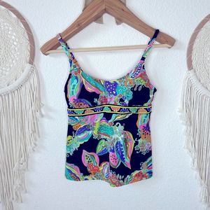 Trina Turk colorful print black background tankini swim top size 4 small